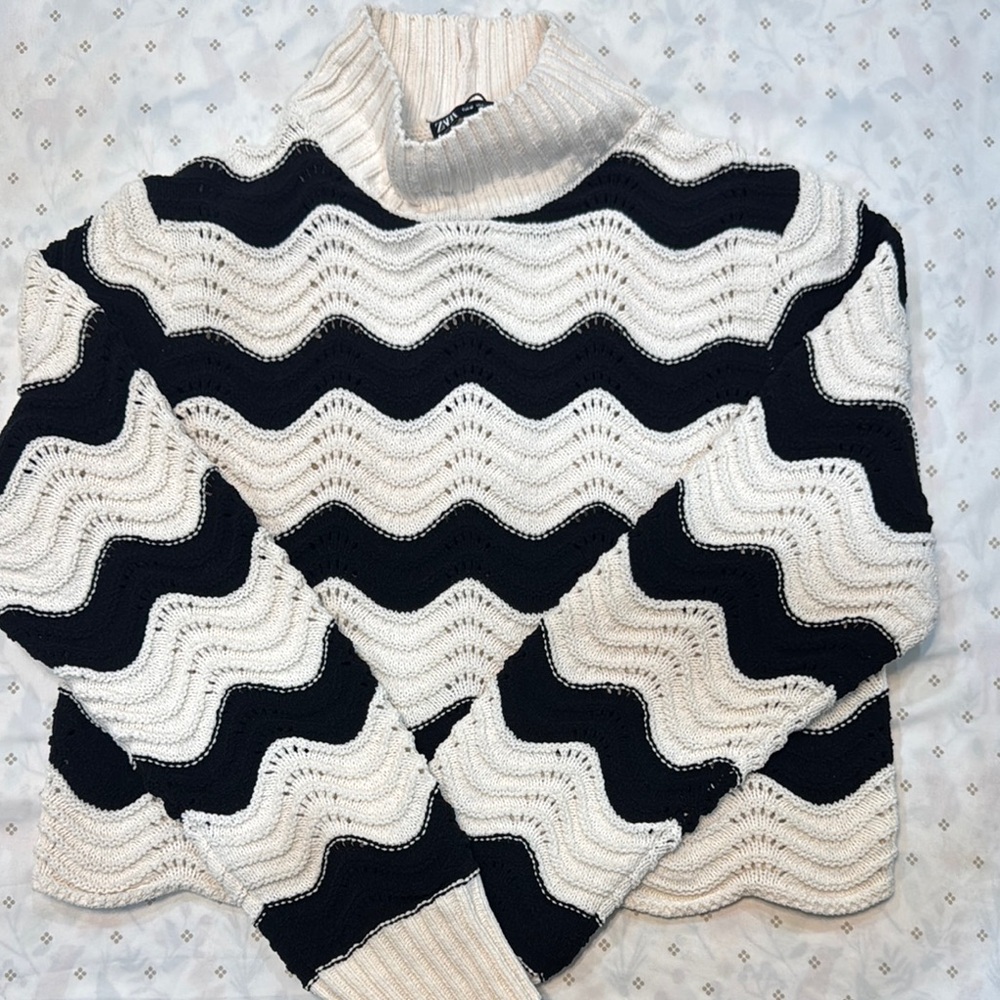 Zara Black and Cream Cowl Neck Sweater with Wave Pattern